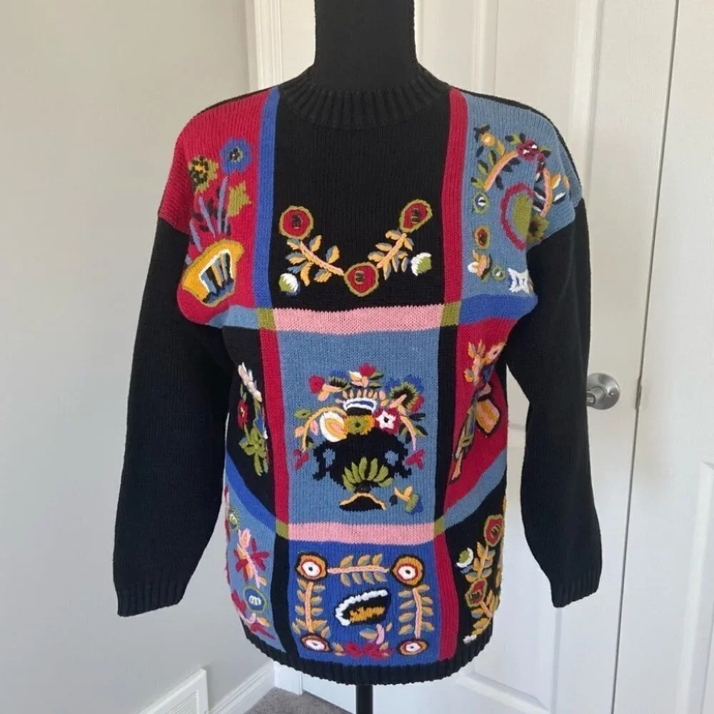 Vintage  Almost Heaven Hand Made Patchwork Embroidery Sweater - Picture 2 of 16